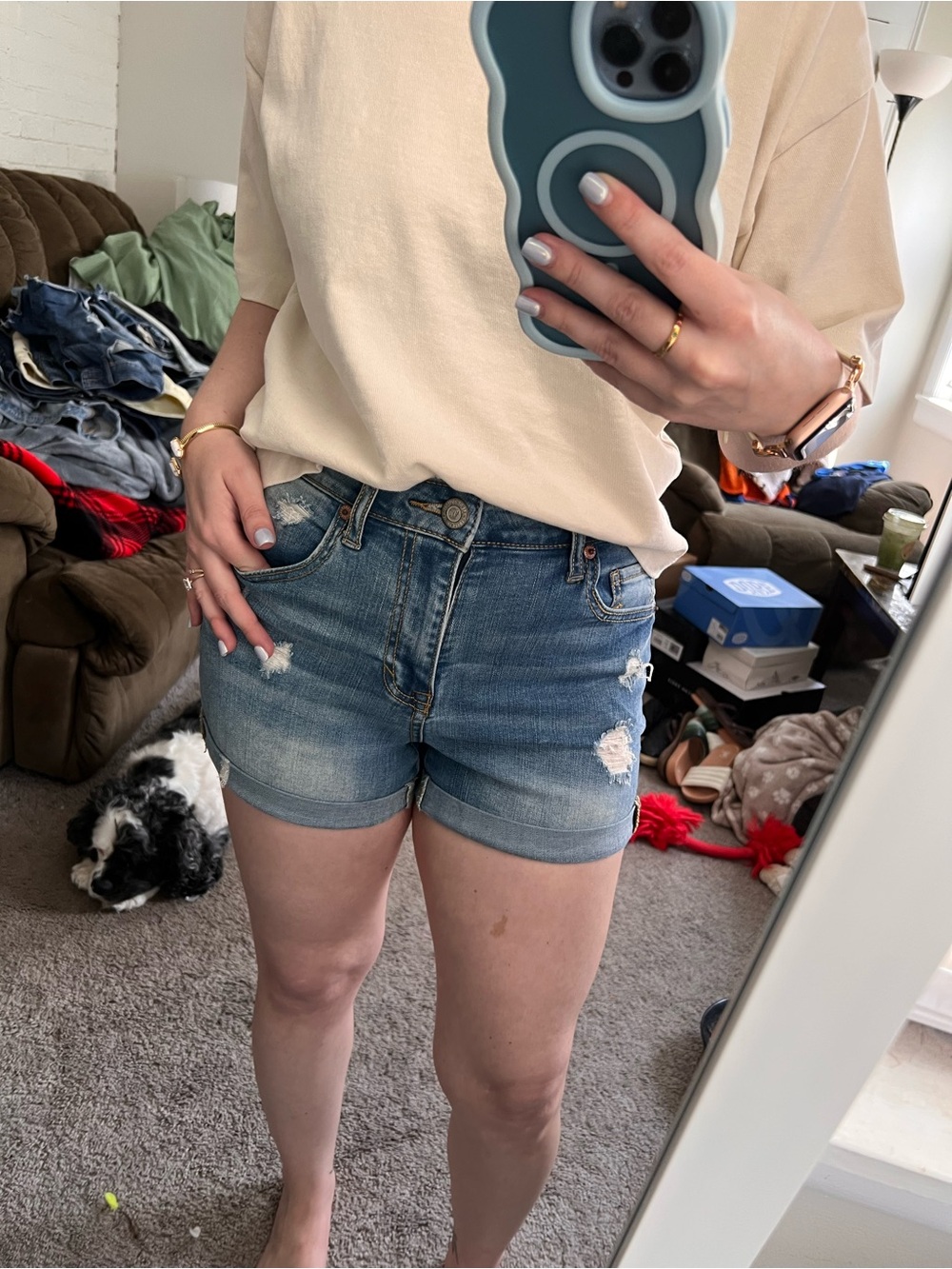 High waisted medium wash shorts